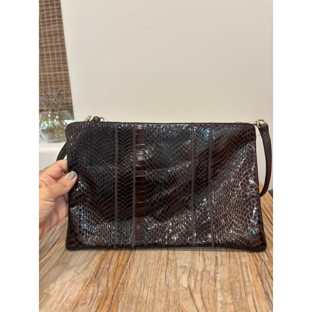 Vintage Palizzio Genuine Snakeskin Clutch Crossbody Bag Brown Convertible Strap
